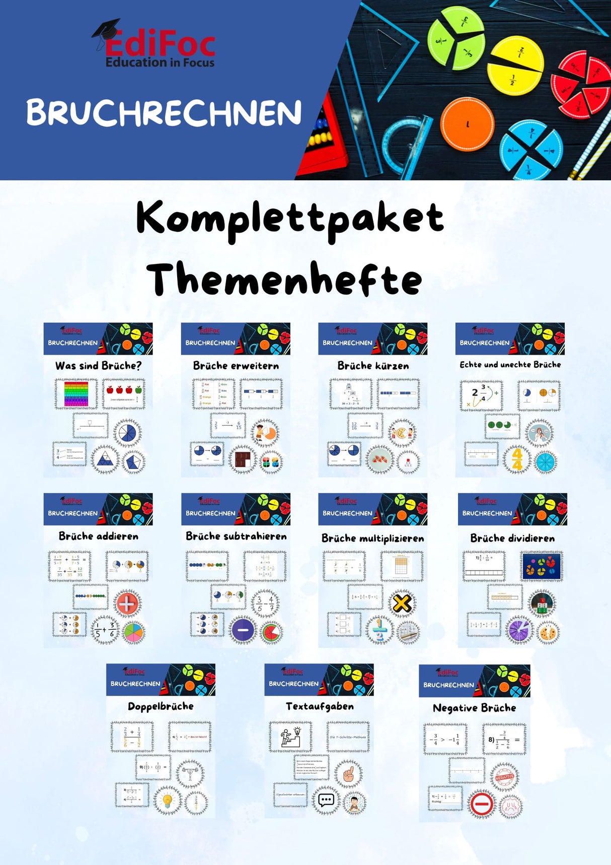 Bruchrechnung – Komplettpaket Themenhefte: Alle 11 Arbeitsblätter für Klasse 4–6 (mit Lösungen)Bruchrechnung – Komplettpaket Erklärungen: Alle 11 Arbeitsblätter für Klasse 4–6 (mit Lösungen)