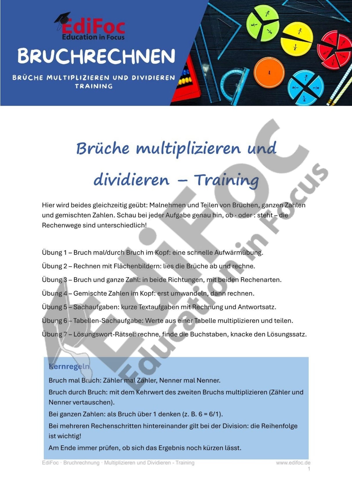 Bruchrechnung – Brüche multiplizieren und dividieren (Training): Arbeitsblätter für Klasse 6 (mit Lösungen)