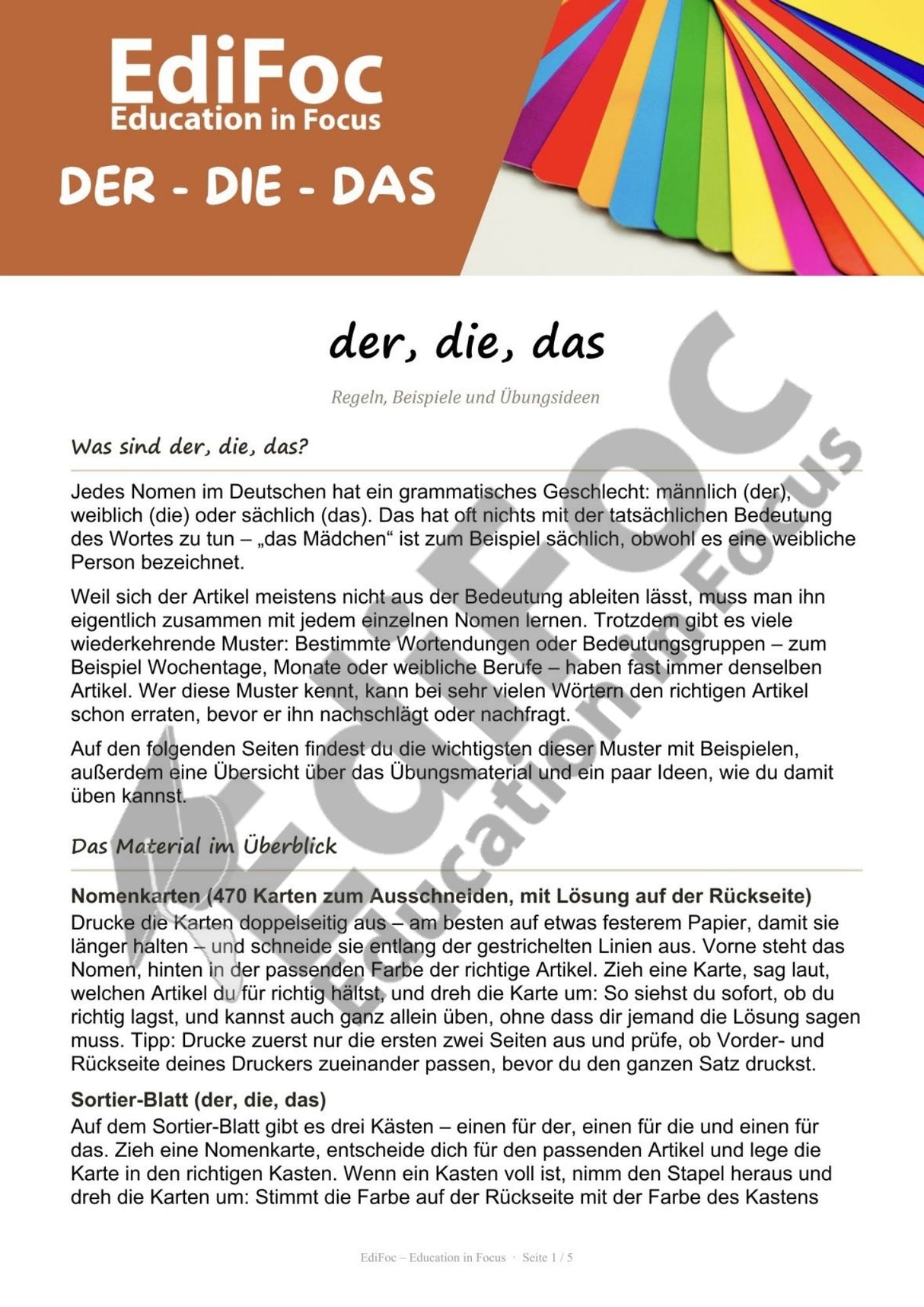 Deutsch – Grammatik: der, die, das – Erklärung, Übungsblätter, Karteikarten & interaktiver Lerntrainer (mit Lösungen)