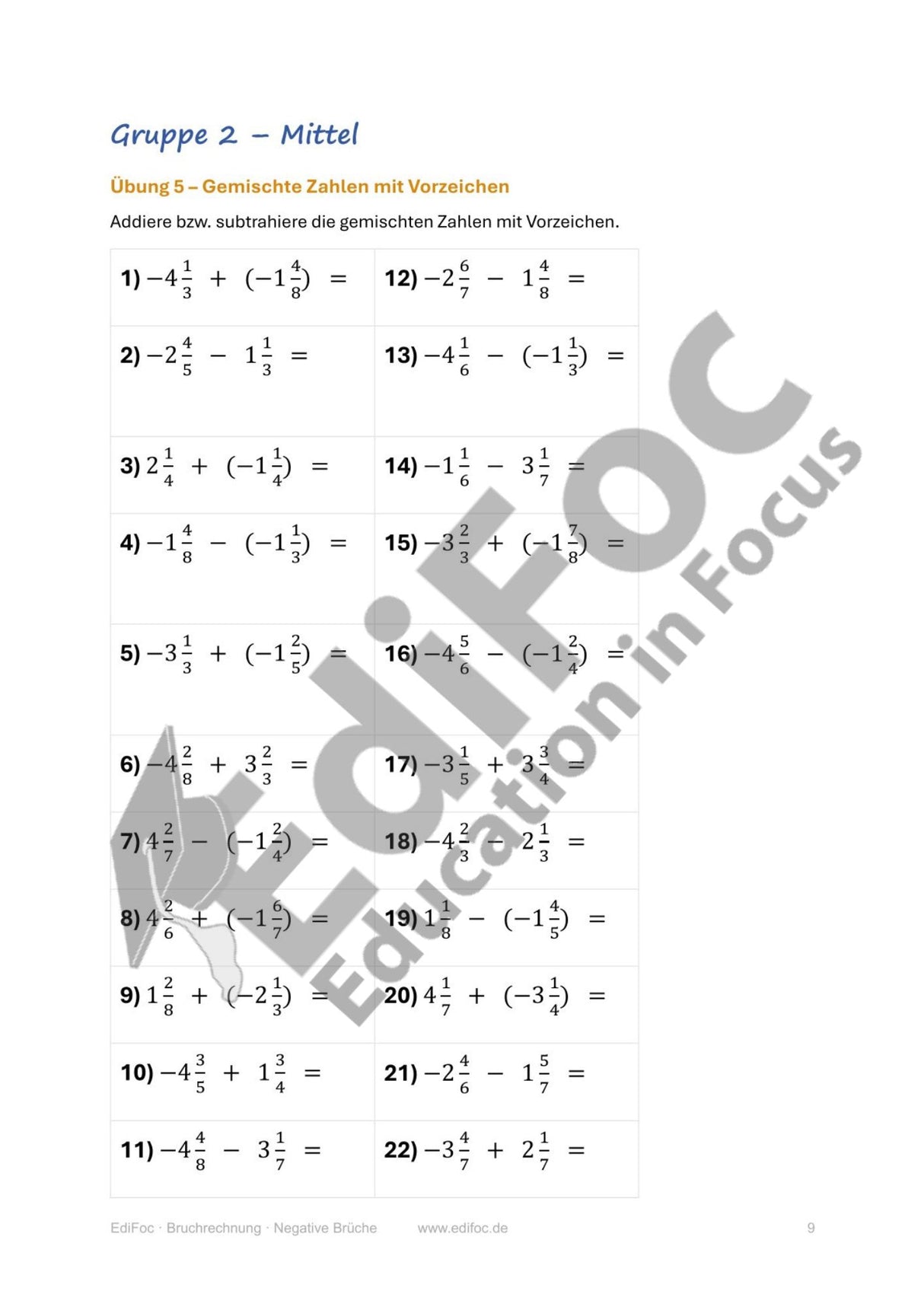 Bruchrechnung – Negative Brüche: Arbeitsblätter für Klasse 6 (mit Lösungen)