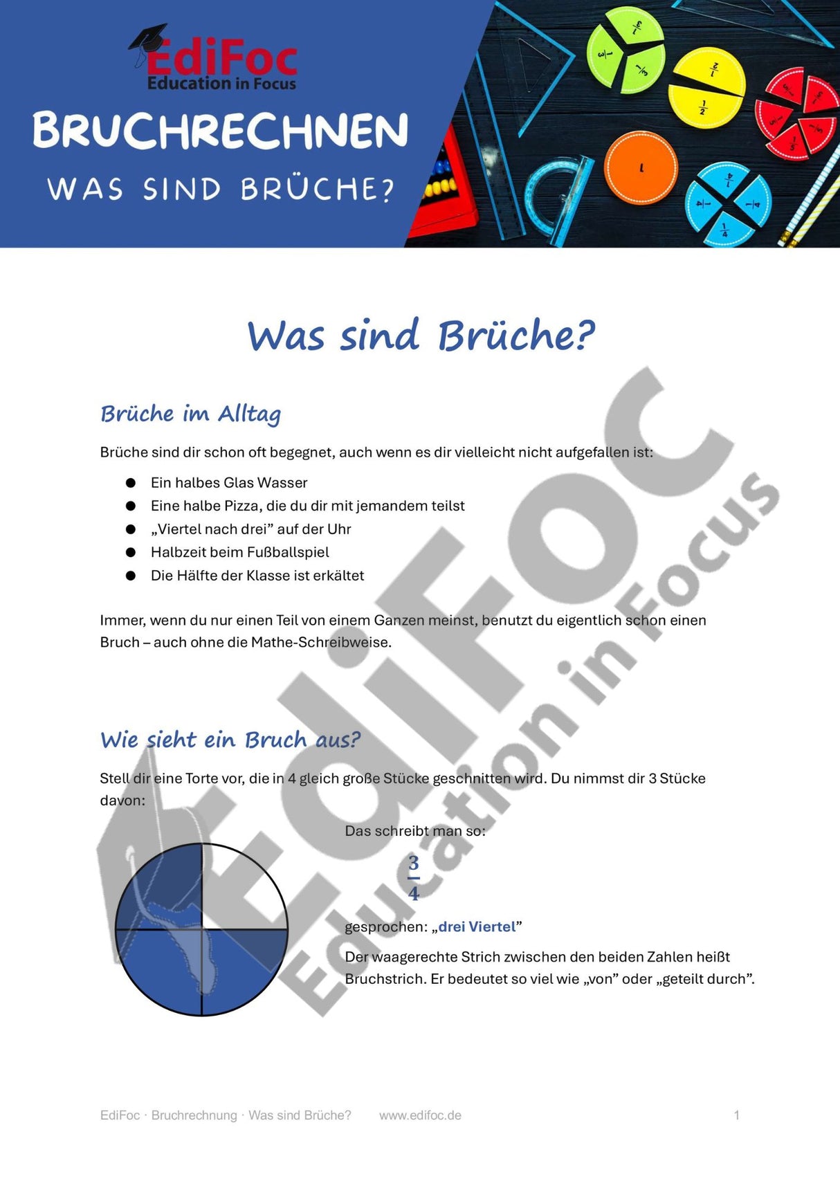 Bruchrechnung – Was sind Brüche? Arbeitsblätter für Klasse 4–6 (mit Lösungen)