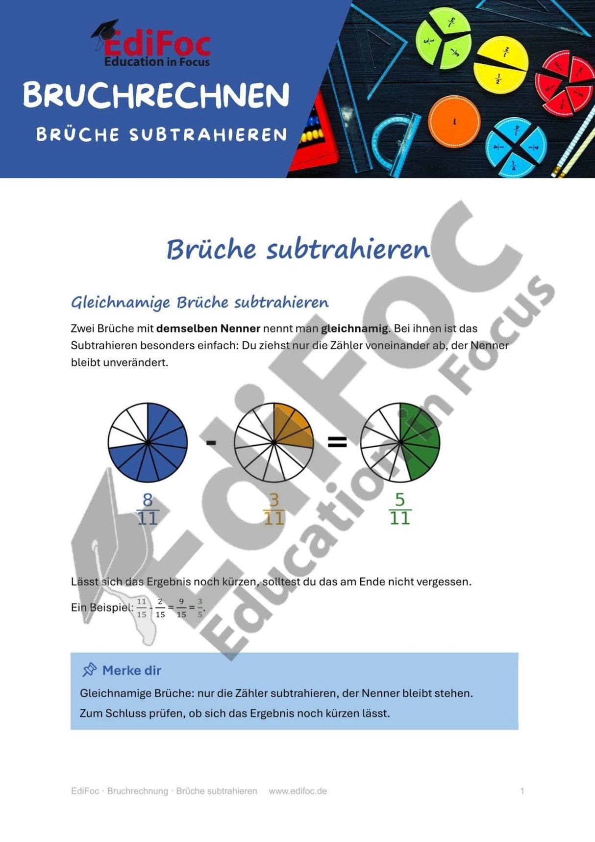Bruchrechnung – Brüche subtrahieren: Arbeitsblätter für Klasse 6 (mit Lösungen)