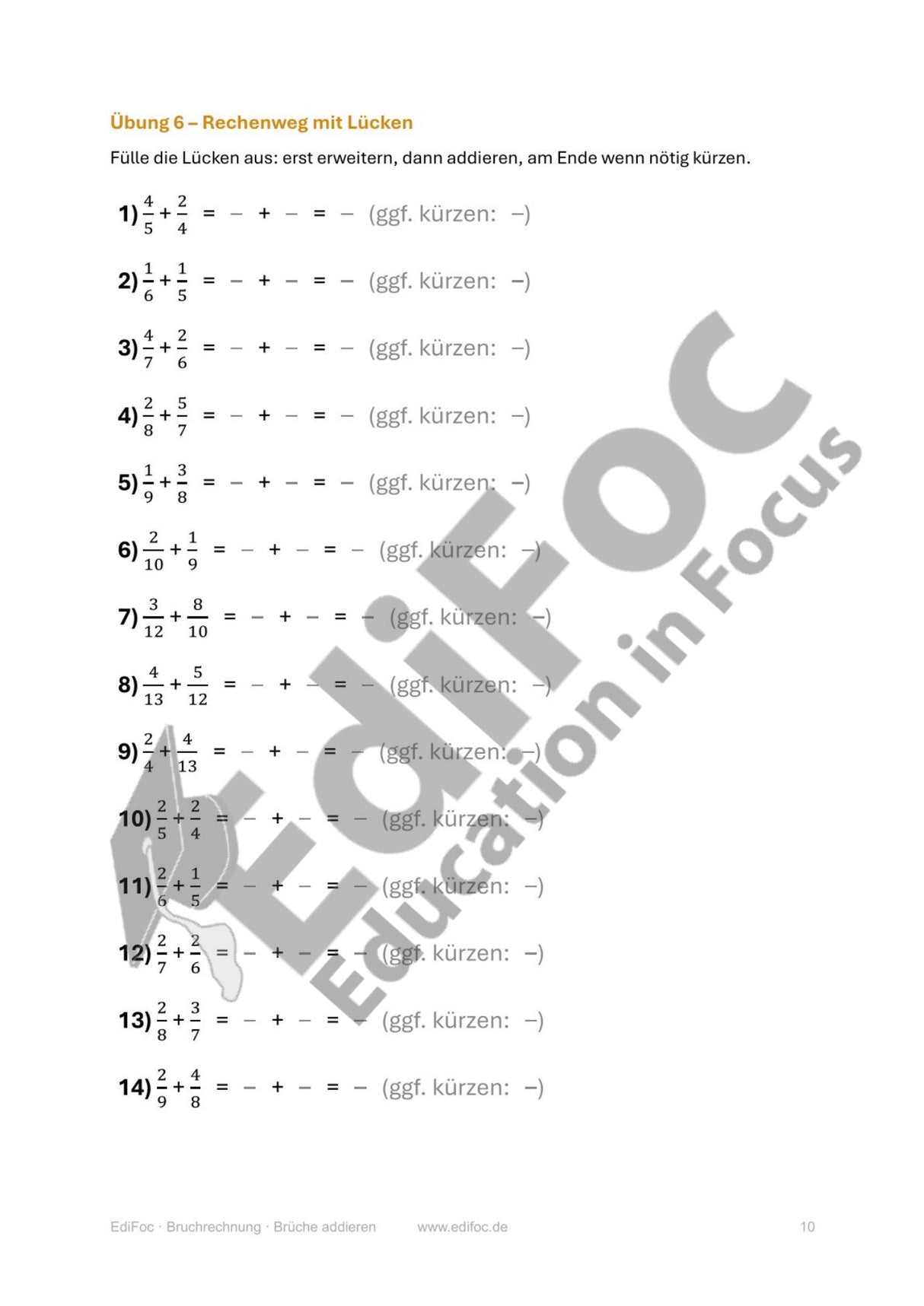 Bruchrechnung – Brüche addieren: Arbeitsblätter für Klasse 6 (mit Lösungen)
