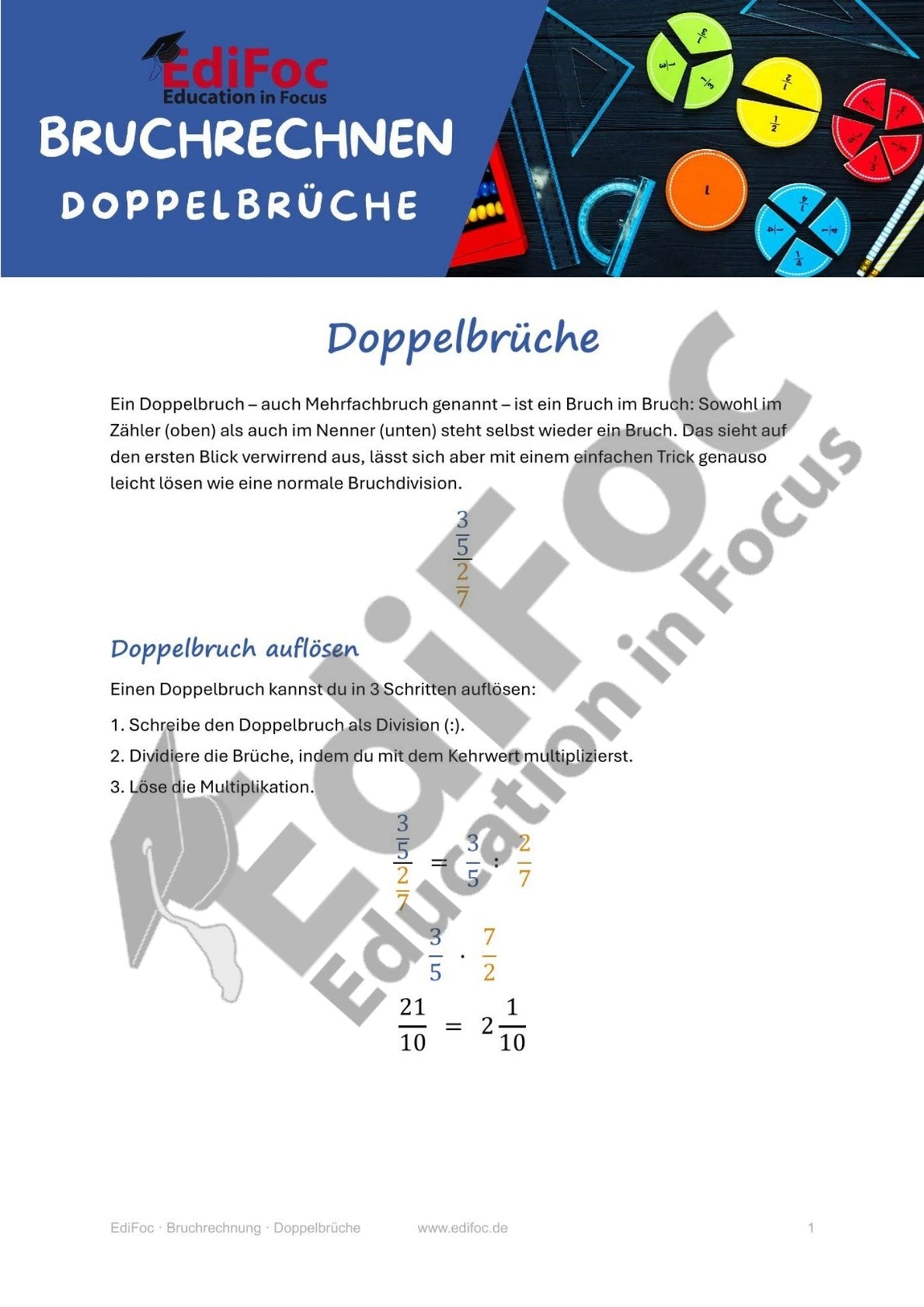 Bruchrechnung – Doppelbrüche: Arbeitsblätter für Klasse 6 (mit Lösungen)