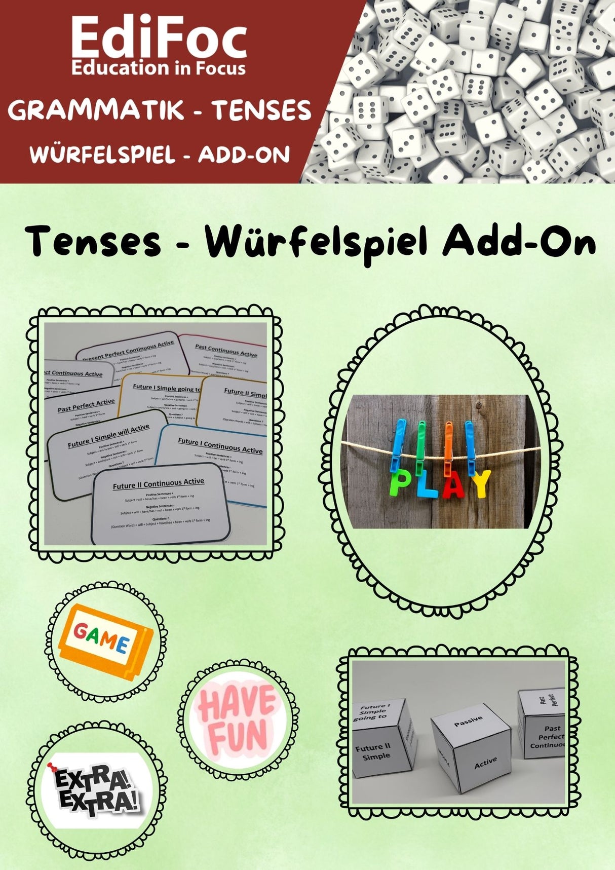 Englisch – Tenses-Würfelspiel Add-On: Future-Zeiten, Perfect Continuous, Active & Passive (Intermediate/Advanced)