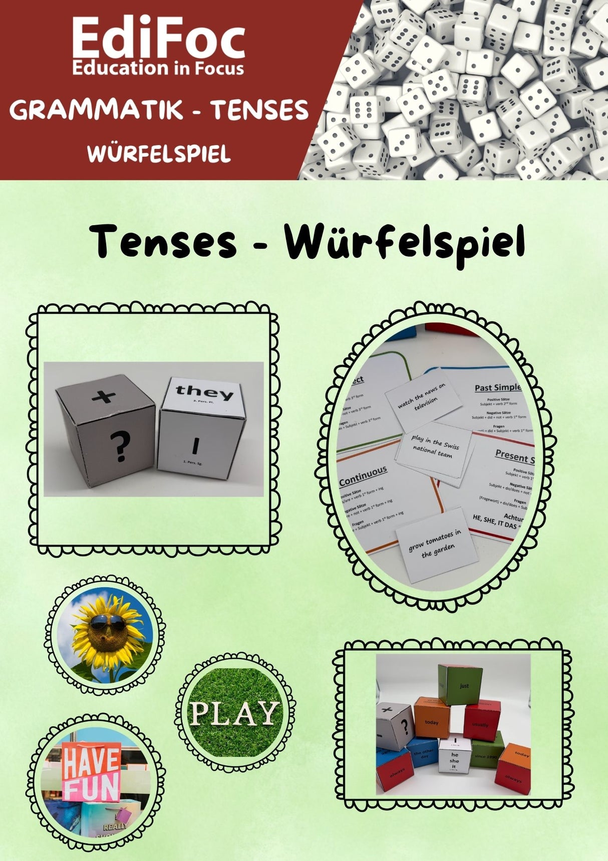 Englisch – Tenses-Würfelspiel: Present Simple, Present Continuous, Past Simple & Present Perfect (Beginner)