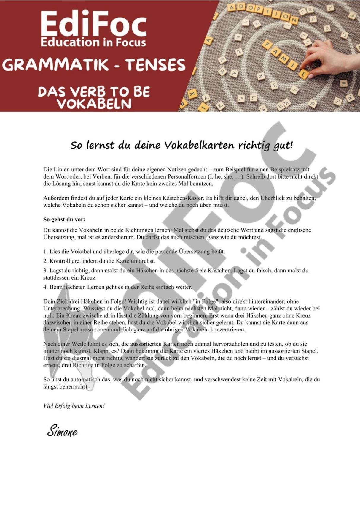 Englisch – Vokabelkarten: Das Verb „to be“
