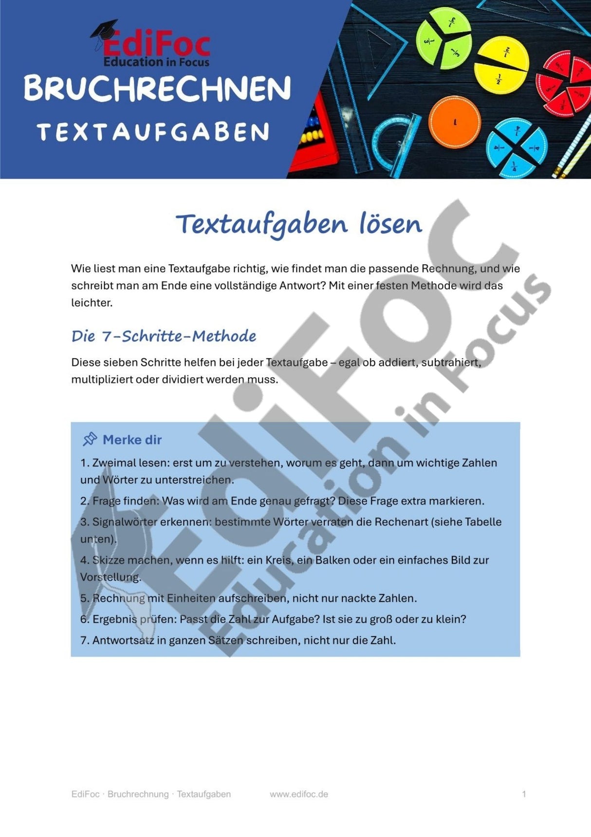 Bruchrechnung – Textaufgaben: Arbeitsblätter für Klasse 6 (mit Lösungen)