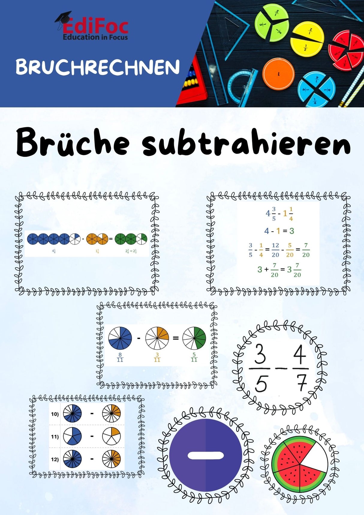 Bruchrechnung – Brüche subtrahieren: Arbeitsblätter für Klasse 6 (mit Lösungen)