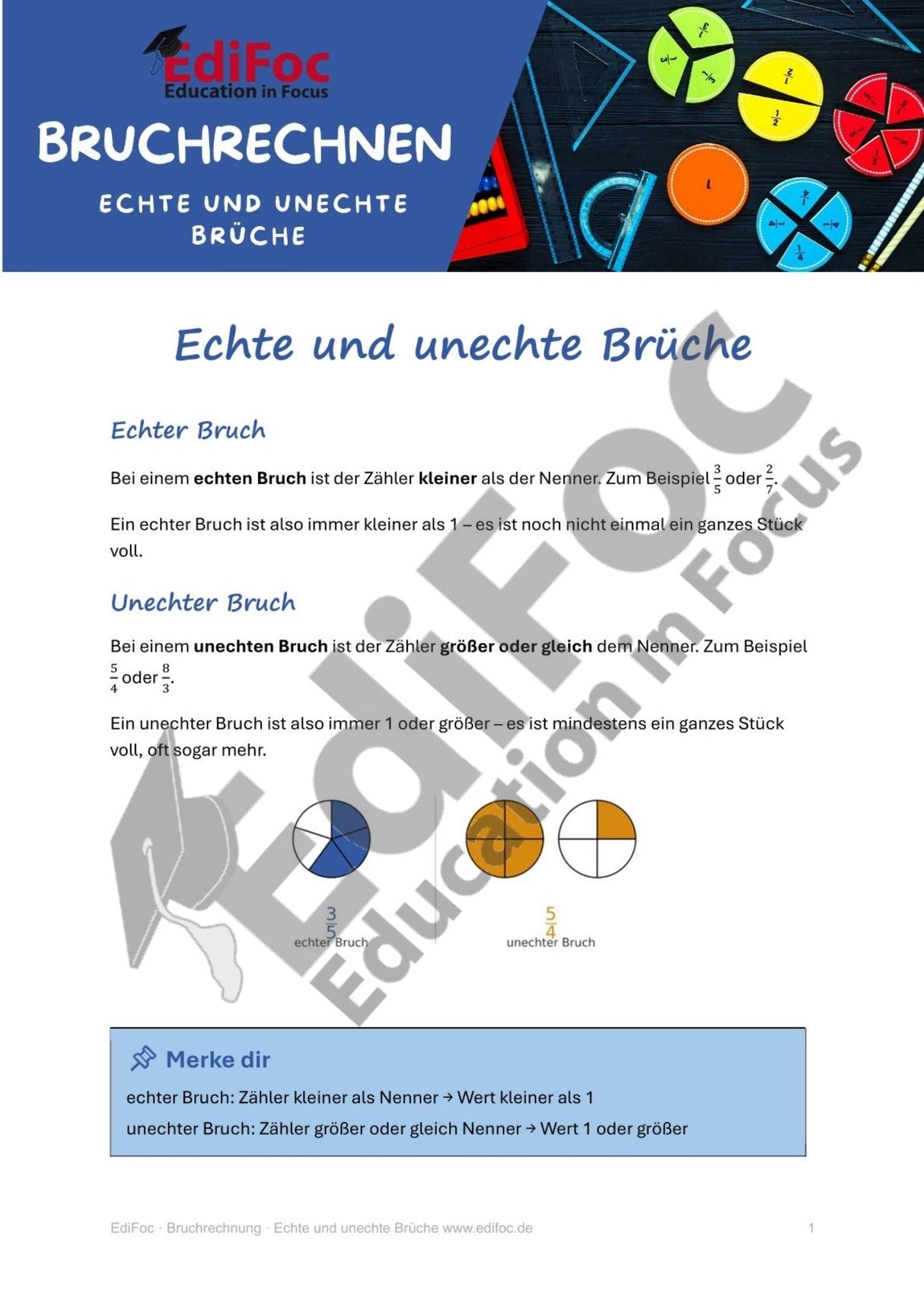 Bruchrechnung – Echte und unechte Brüche: Arbeitsblätter für Klasse 5–6 (mit Lösungen)