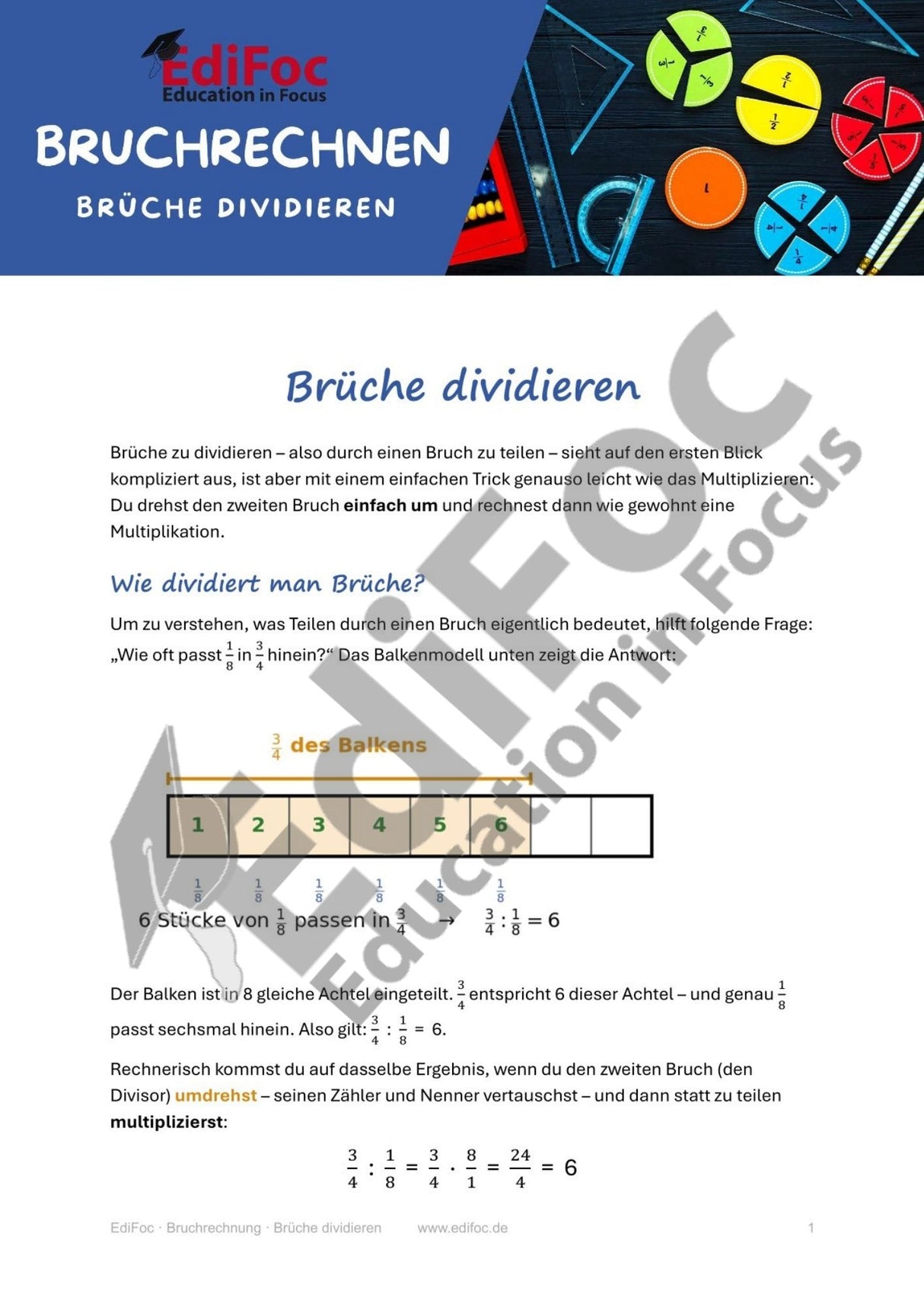 Bruchrechnung – Brüche dividieren: Arbeitsblätter für Klasse 6 (mit Lösungen)