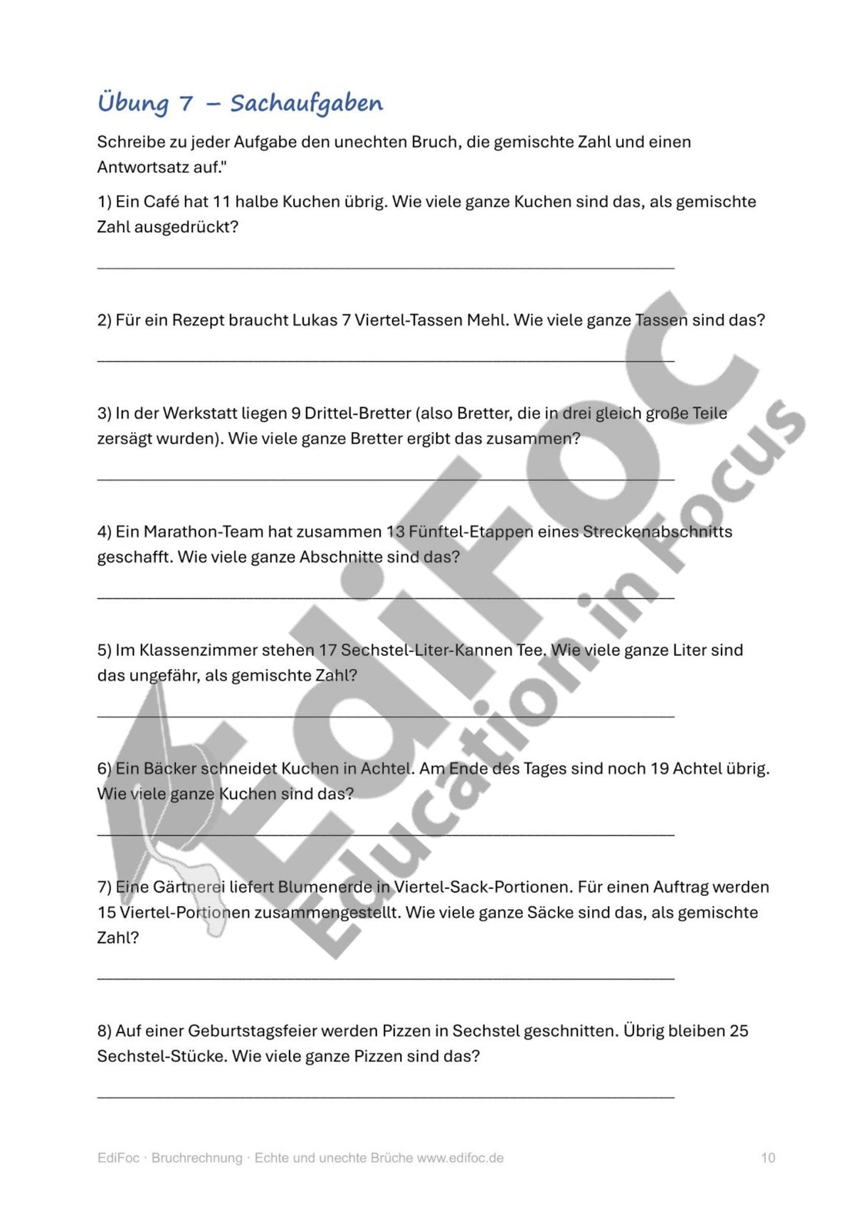 Bruchrechnung – Echte und unechte Brüche: Arbeitsblätter für Klasse 5–6 (mit Lösungen)