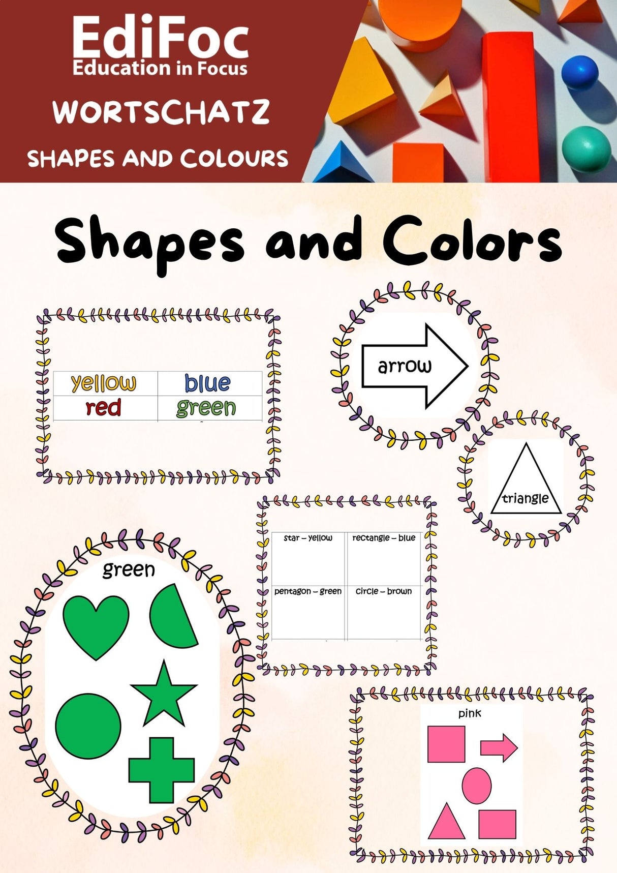 Englisch – Wortschatz: Shapes and Colours – Arbeitsblätter für Klasse 1–4 (mit Lösungen)