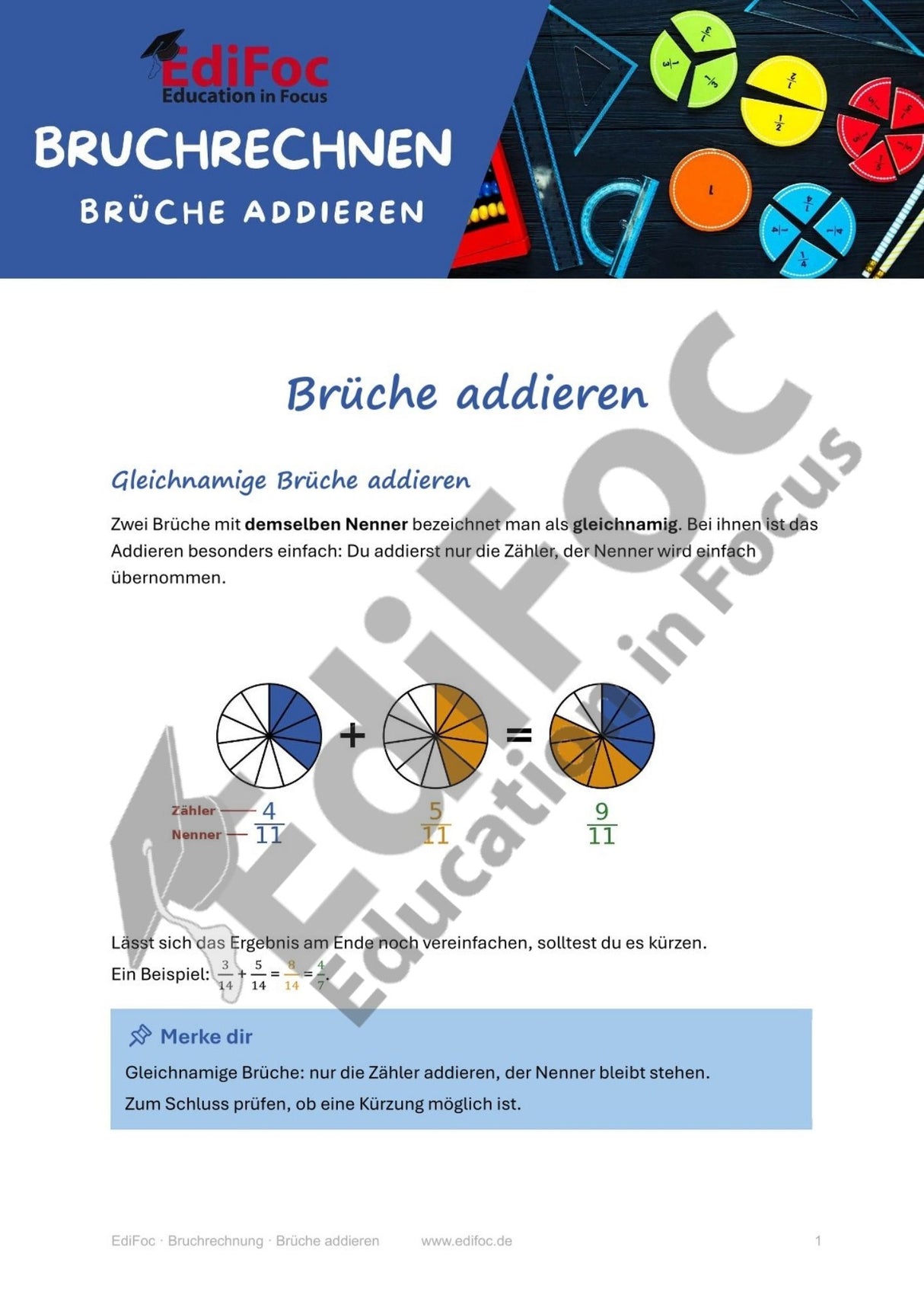 Bruchrechnung – Brüche addieren: Arbeitsblätter für Klasse 6 (mit Lösungen)