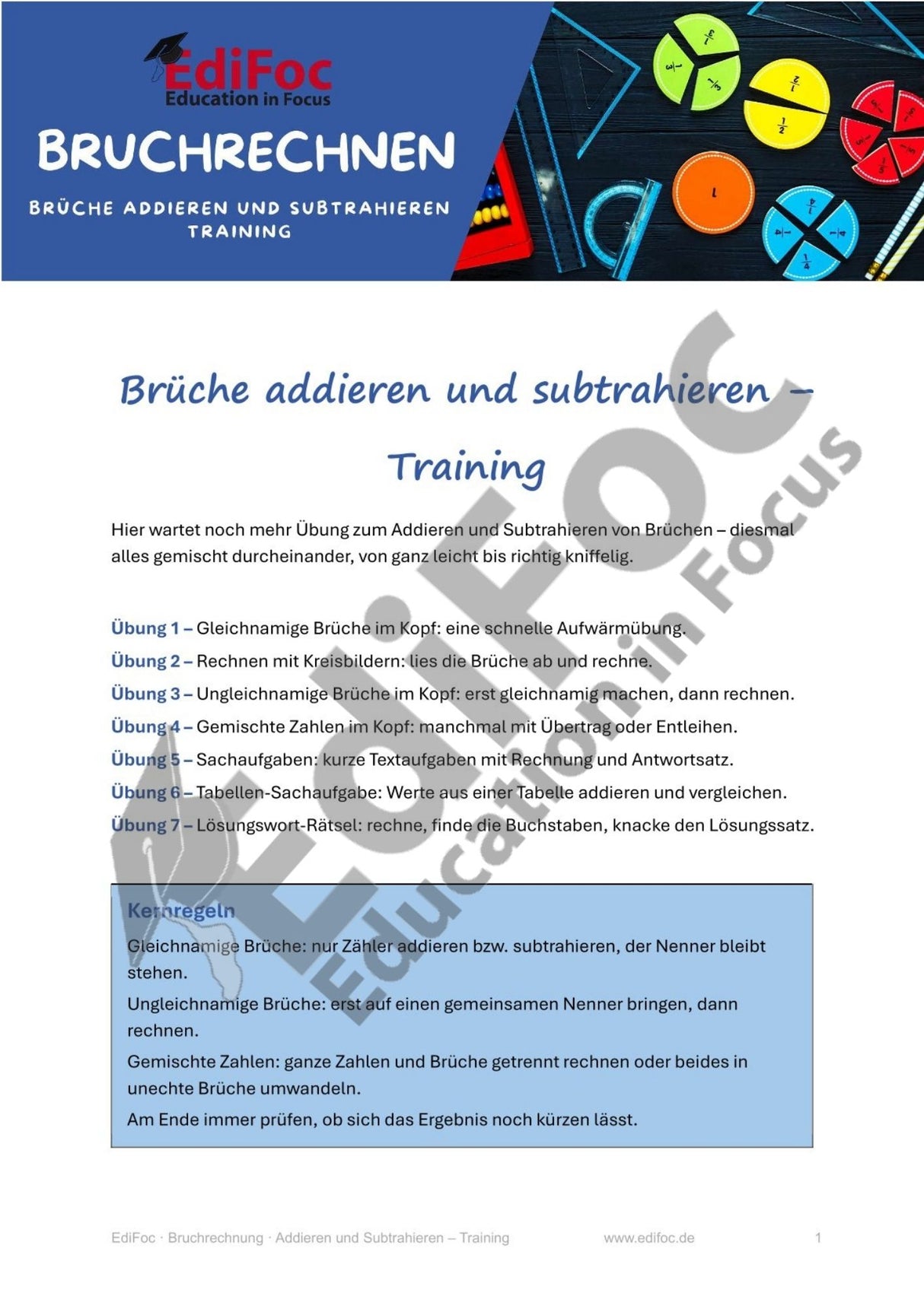 Bruchrechnung – Brüche addieren und subtrahieren (Training): Arbeitsblätter für Klasse 6 (mit Lösungen)